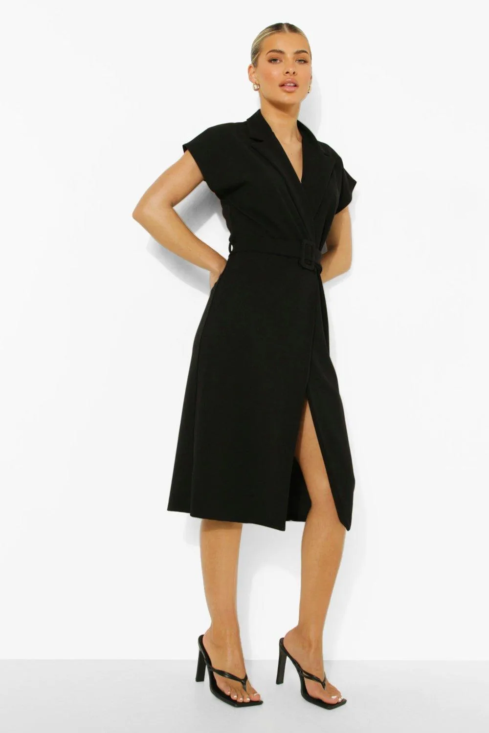 Belted Wrap Front Sleeveless Blazer Dress