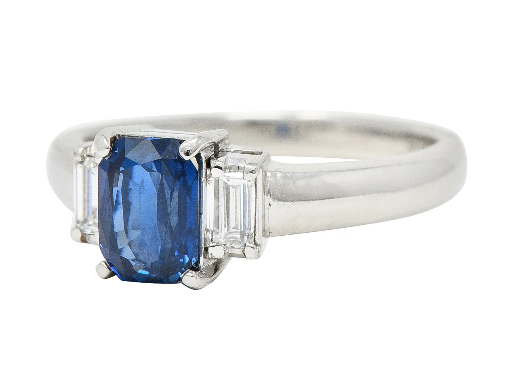 Contemporary 2.01 CTW Cushion Cut Sapphire Diamond Platinum Three Stone Ring