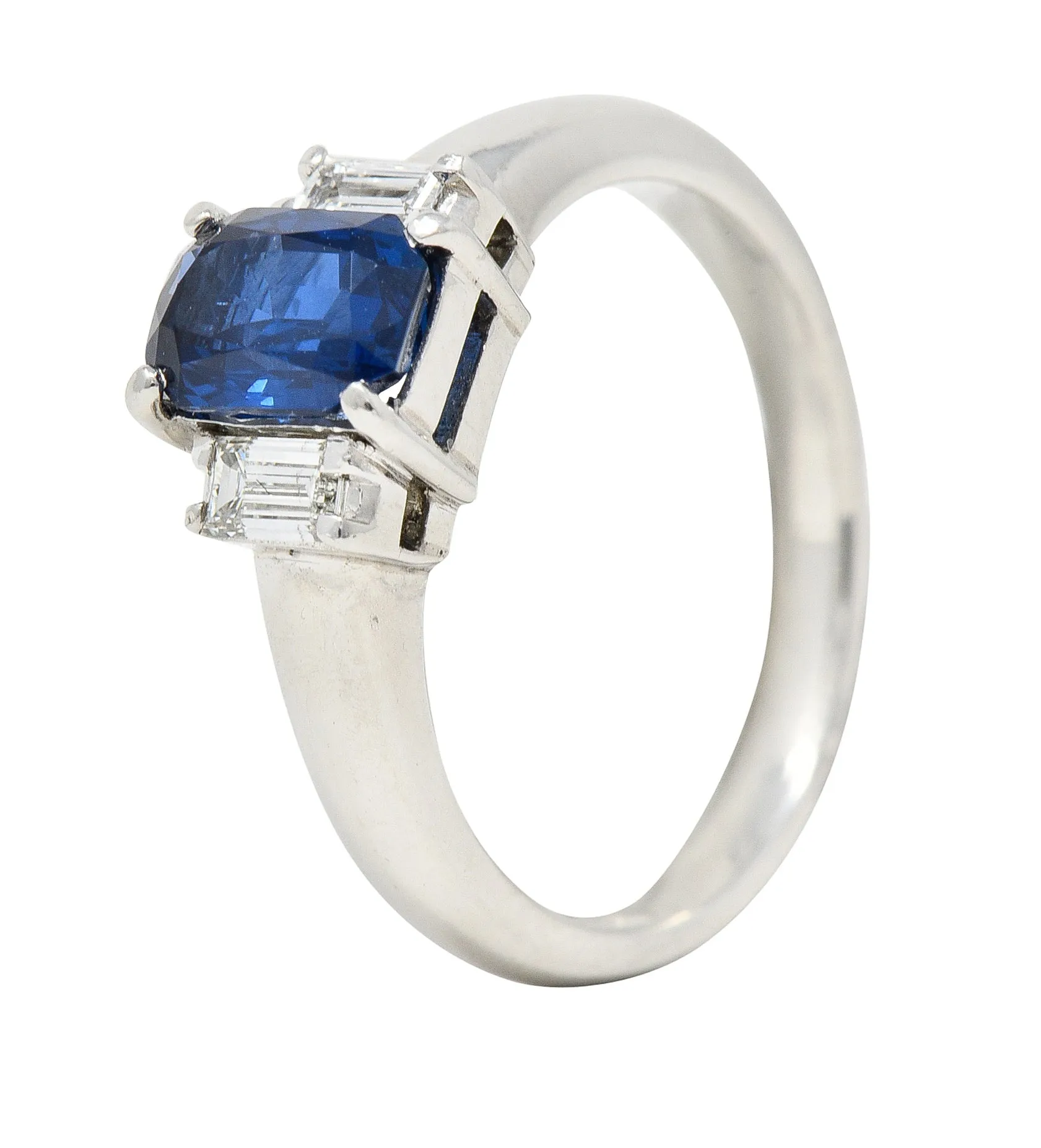 Contemporary 2.01 CTW Cushion Cut Sapphire Diamond Platinum Three Stone Ring