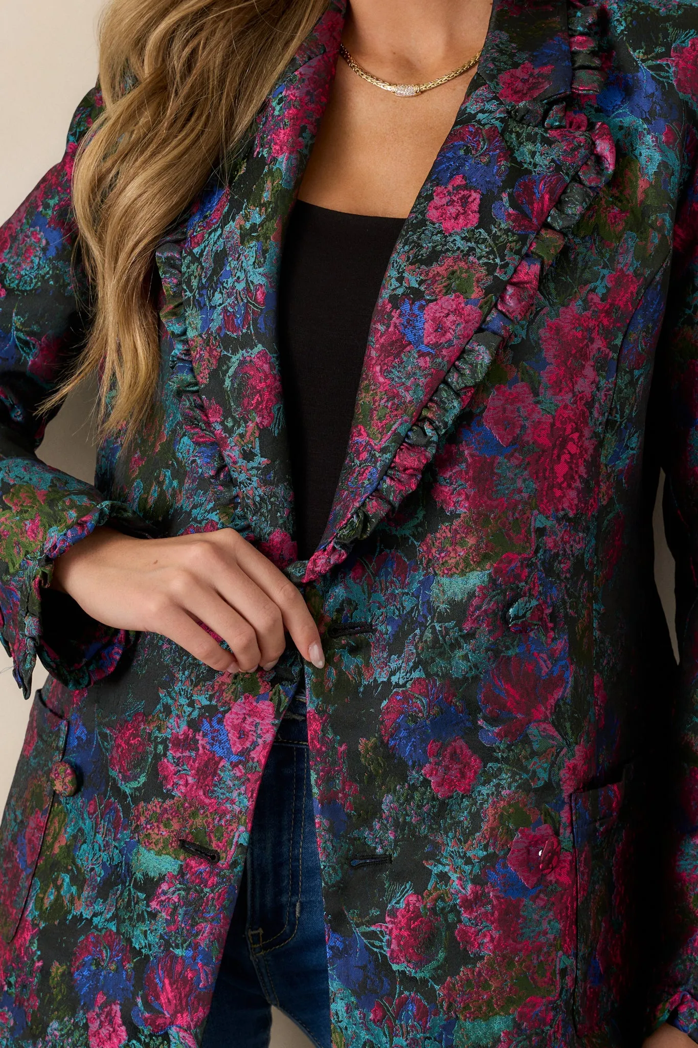 Feel The Vibe Navy Floral Jacquard Blazer