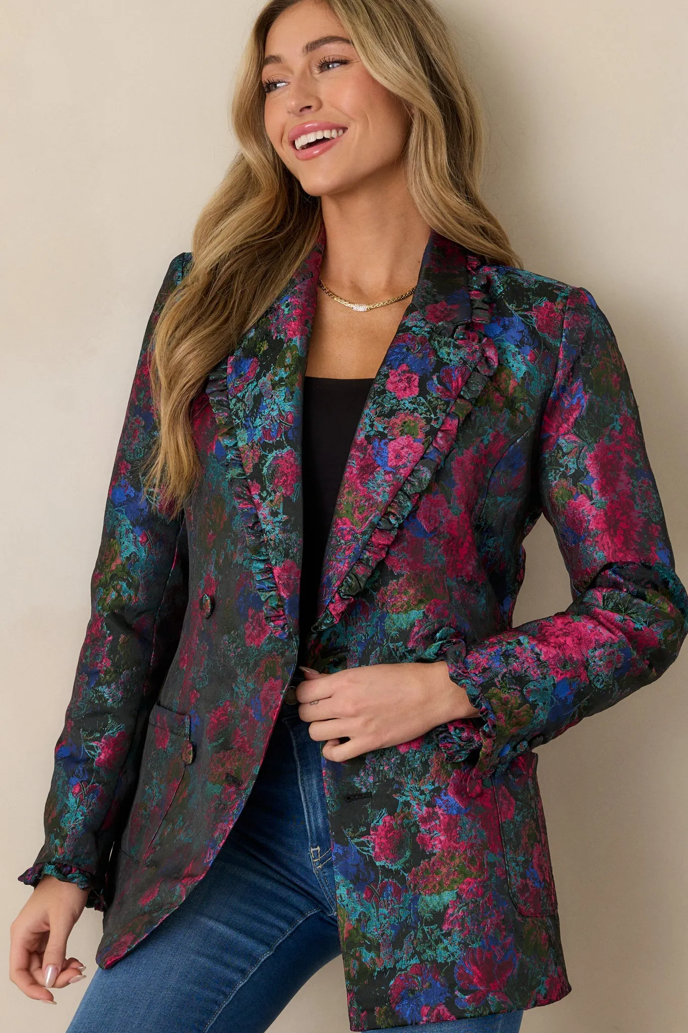 Feel The Vibe Navy Floral Jacquard Blazer