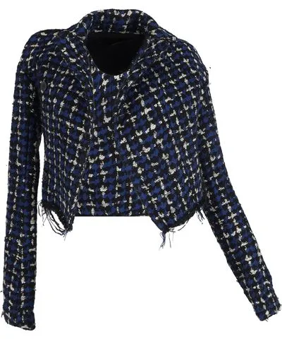 Haider Ackermann Patterned Frayed Hem Accent Cropped Blazer in Blue Tweed