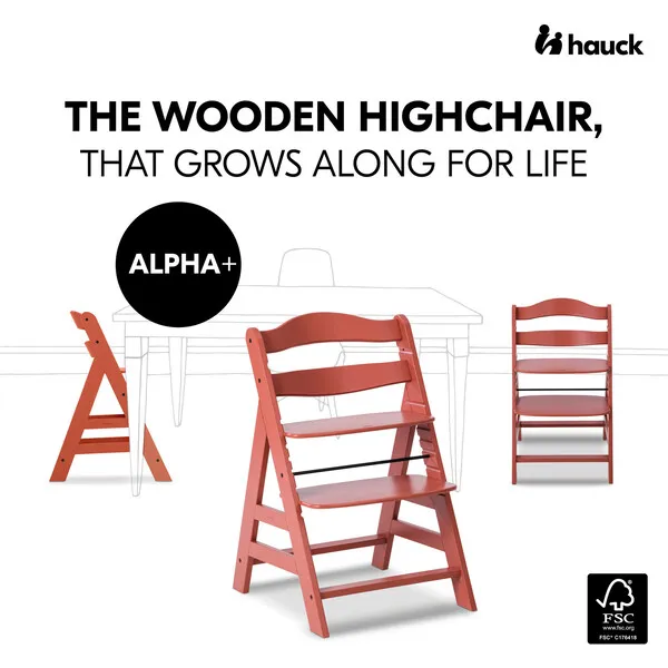 Hauck Baby Alpha+ Grow Along Adjustable Beechwood Wooden High Chair Seat + 5-Point Harness & Bumper Bar, Cork