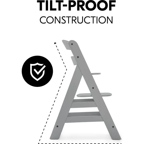 Hauck Baby Alpha+ Grow Along Adjustable Beechwood Wooden High Chair Seat + 5-Point Harness & Bumper Bar, Grey