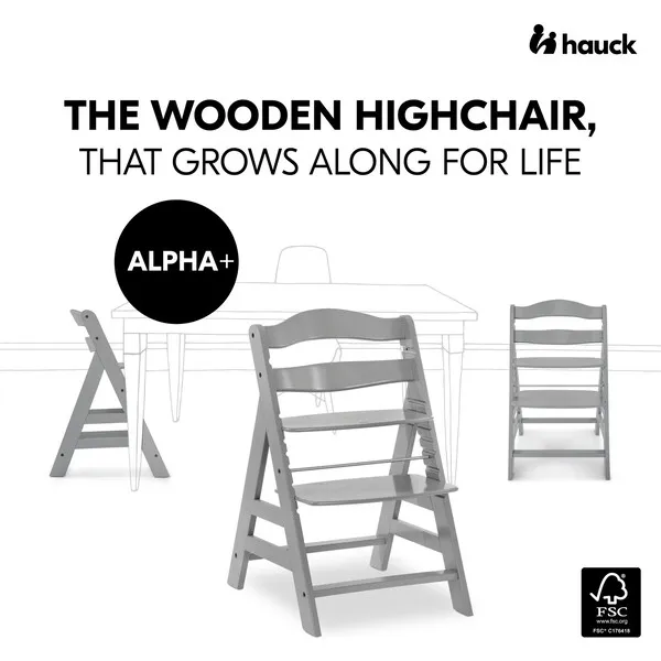 Hauck Baby Alpha+ Grow Along Adjustable Beechwood Wooden High Chair Seat + 5-Point Harness & Bumper Bar, Grey