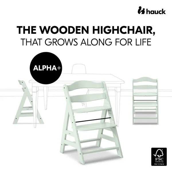 Hauck Baby Alpha+ Grow Along Adjustable Beechwood Wooden High Chair Seat + 5-Point Harness & Bumper Bar, Mint