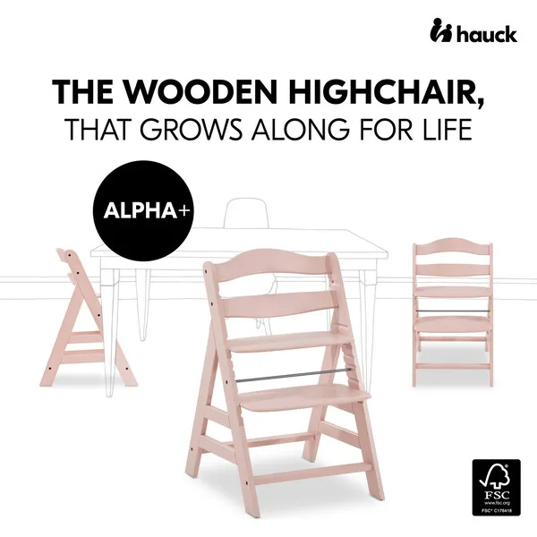 Hauck Baby Alpha+ Grow Along Adjustable Beechwood Wooden High Chair Seat + 5-Point Harness & Bumper Bar, Rose