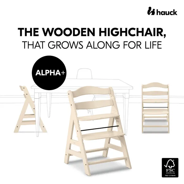 Hauck Baby Alpha+ Grow Along Adjustable Beechwood Wooden High Chair Seat + 5-Point Harness & Bumper Bar, Vanilla