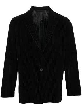 HOMME PLISSE Black Pleated Button-Down Blazer with Notch Lapels and American Back Opening for Men