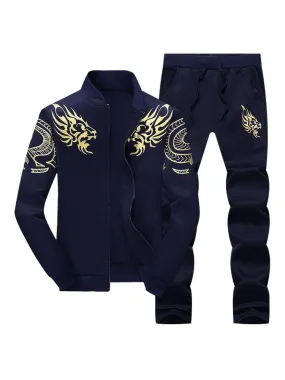 Men Activewear 2-Piece Set Printed Long Sleeves Jewel Neck Dark Navy Activewear Outfit