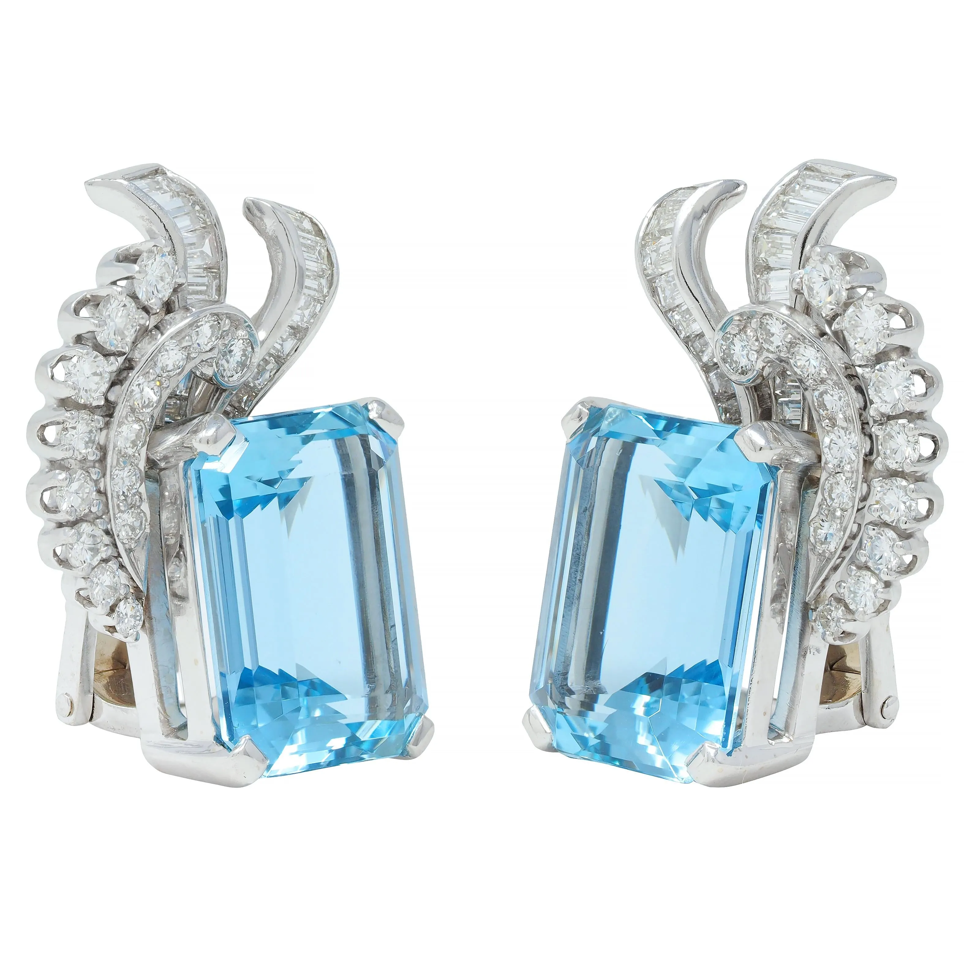 Mid-Century 18.44 CTW Aquamarine Diamond Platinum 14 Karat Gold Vintage Earrings