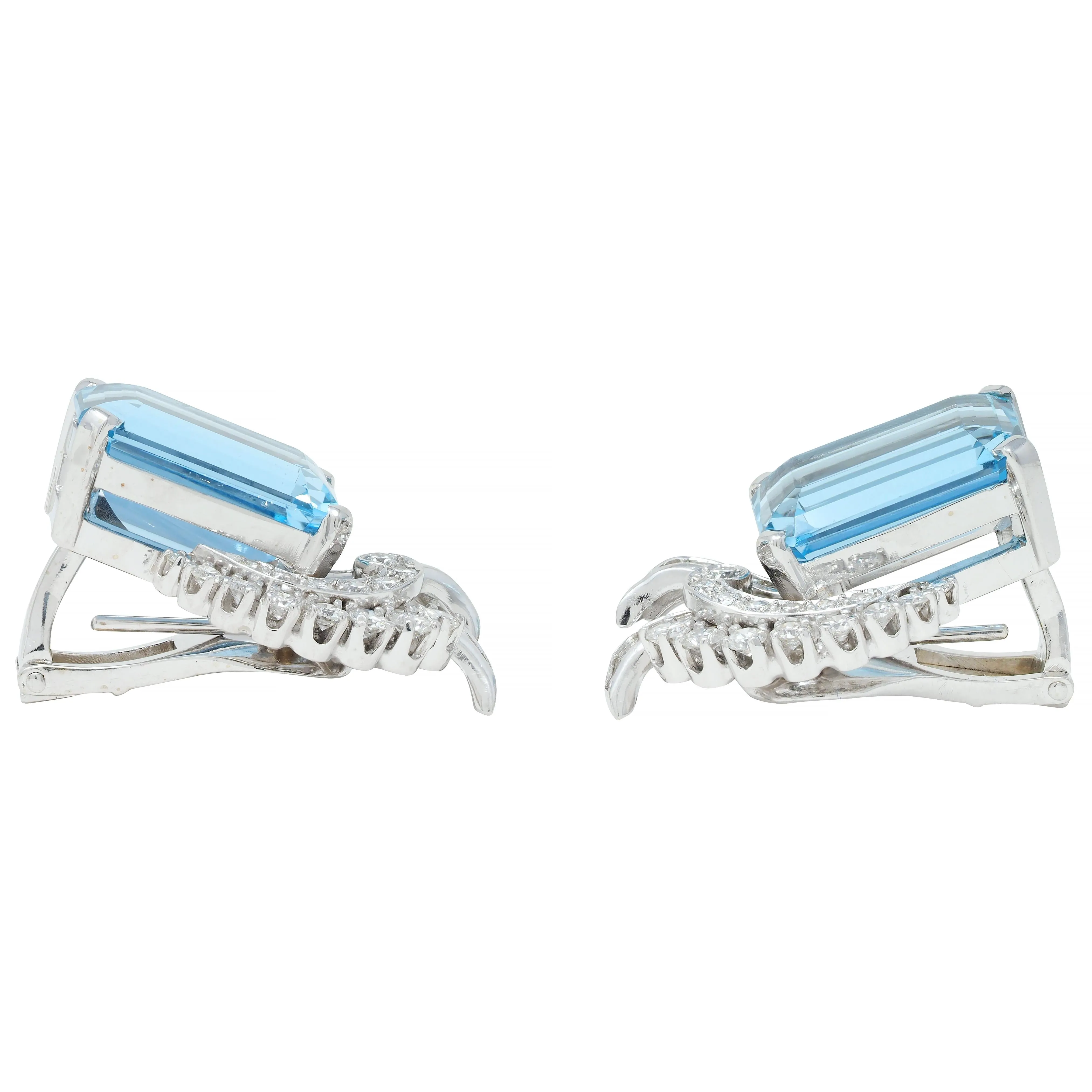 Mid-Century 18.44 CTW Aquamarine Diamond Platinum 14 Karat Gold Vintage Earrings