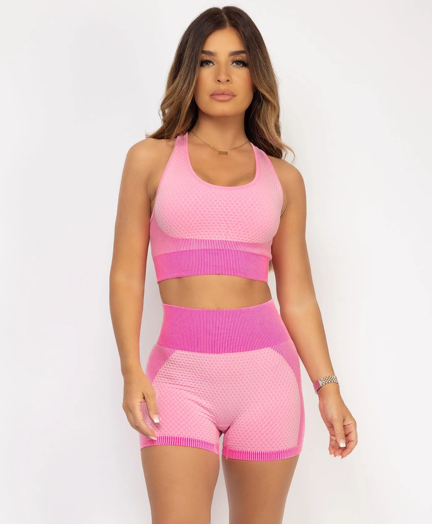 Neon Pink Cropped Ribbed 2-Piece Activewear Set