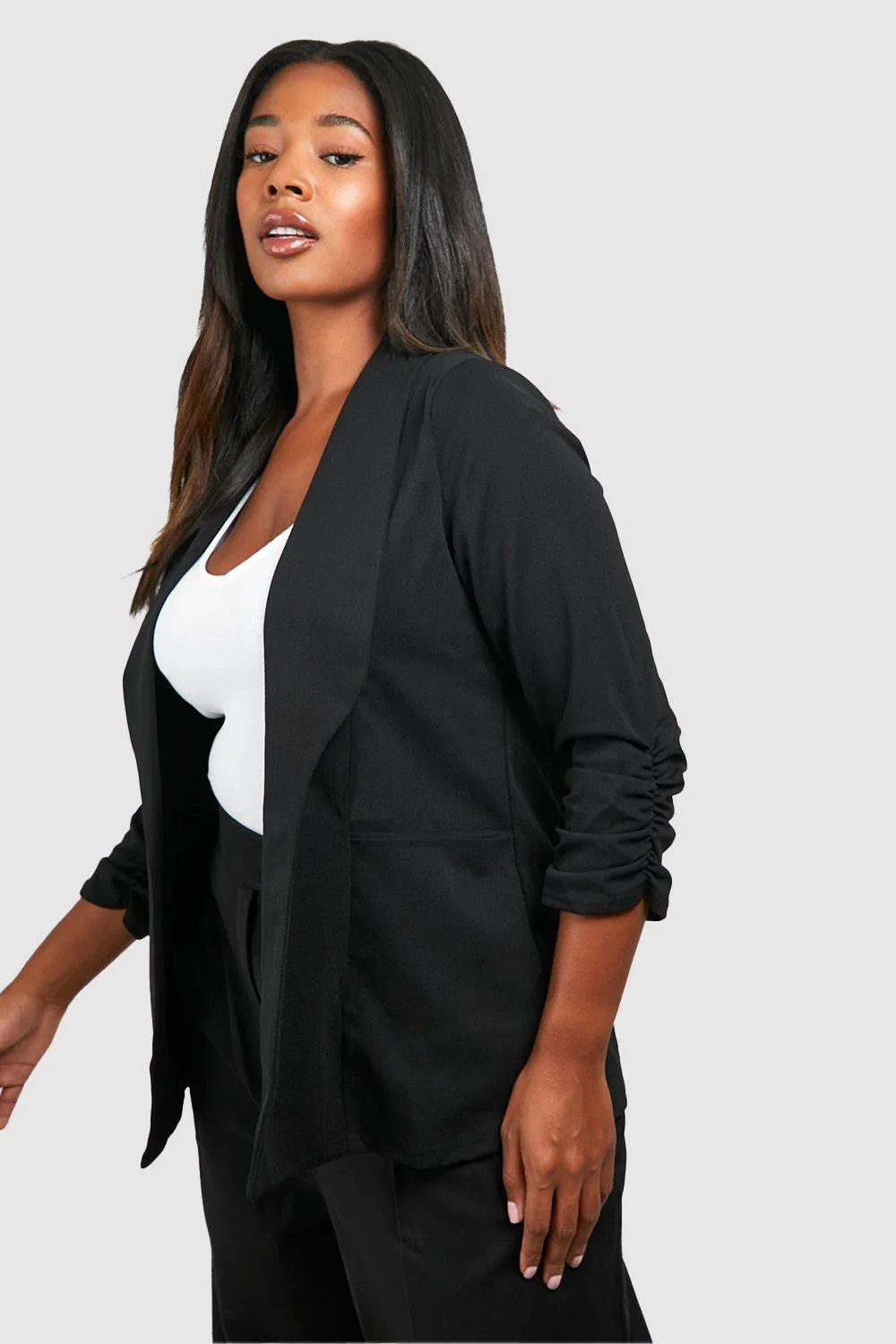 Plus Lapel Detail Ruched Sleeve Blazer