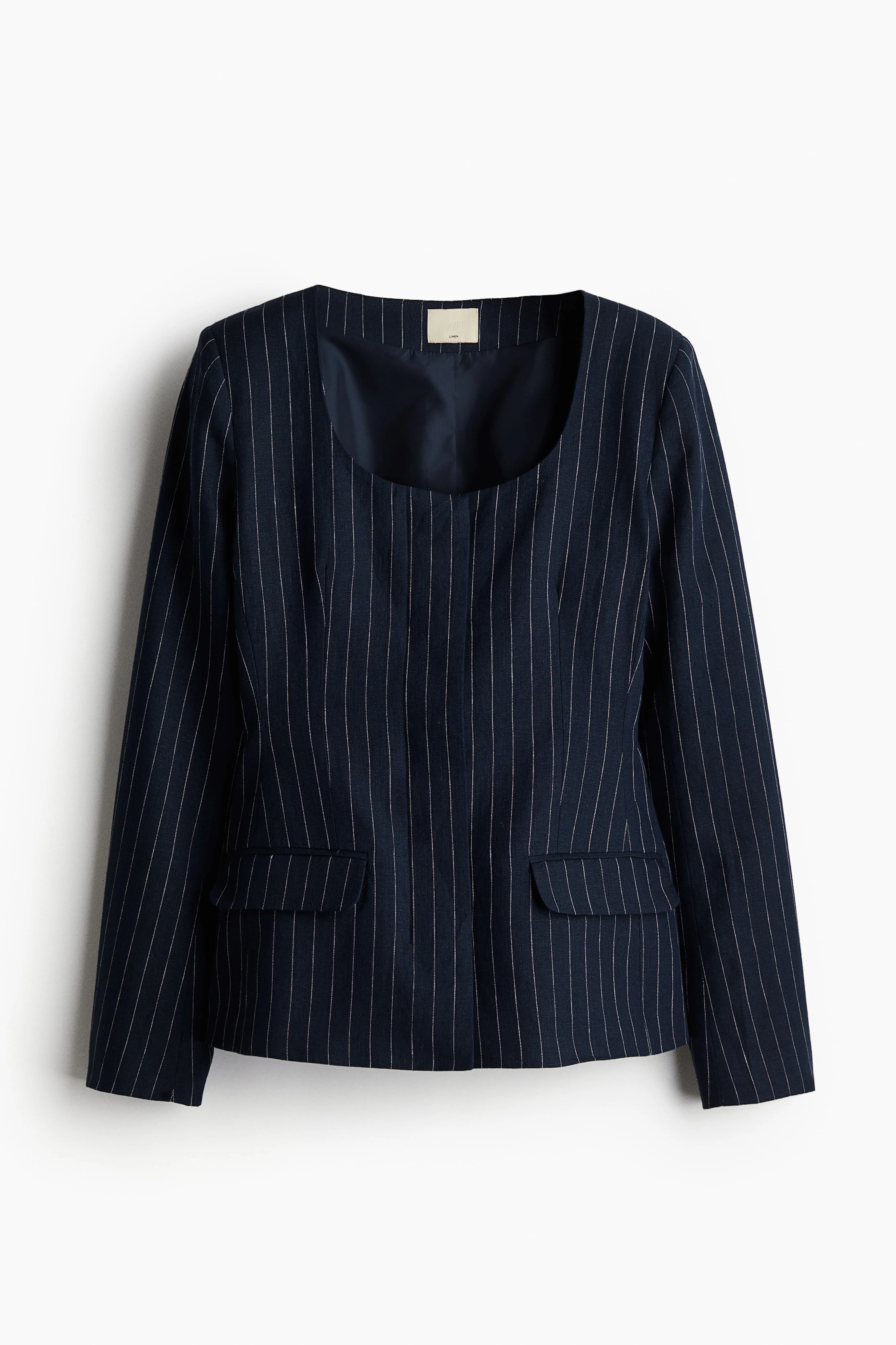 Waisted linen blazer - Deep neckline - Long sleeve - Navy blue/Pinstriped - Ladies | H&M GB